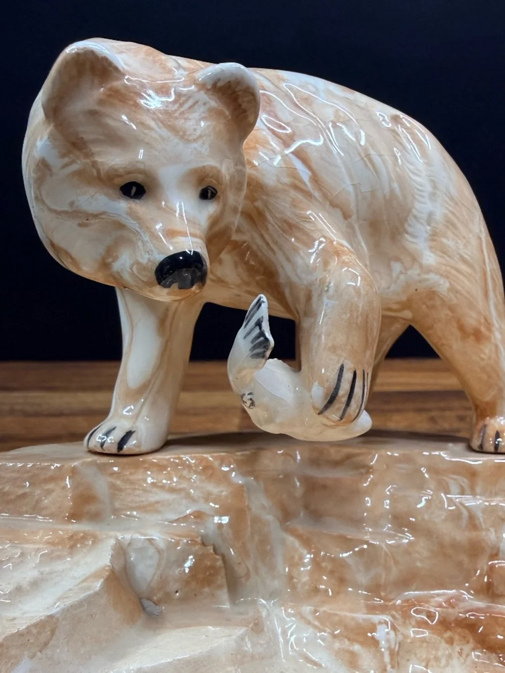 Alaska Clay Grizzly Bear with Fish Ashtray by Marie Pouch L - Ketchikan